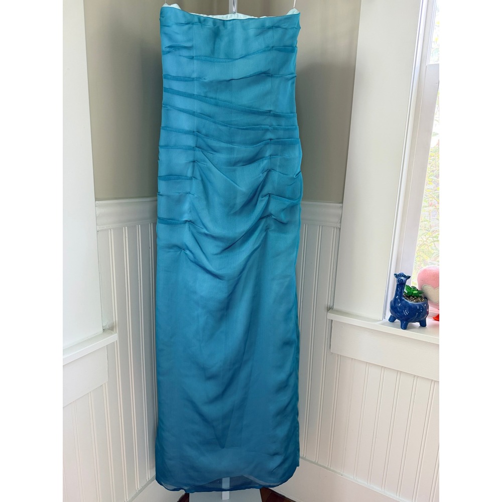 Kay Unger Blue Strapless Ruched Column Gown Side Slit Size 6 - Picture 3 of 15